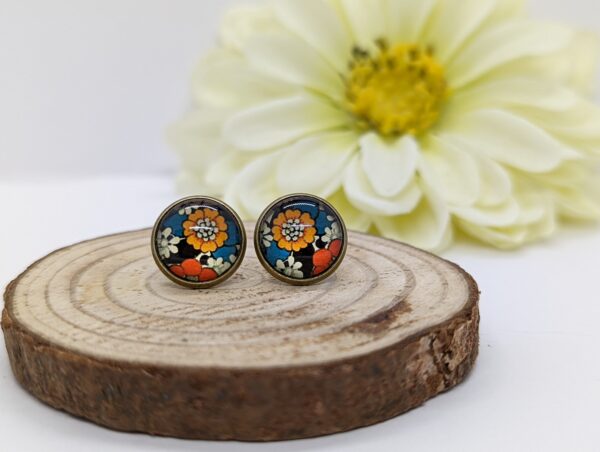 Happy Flower Glass Cabochon Stud Earrings in Bronze Plated Bezels - product image 4