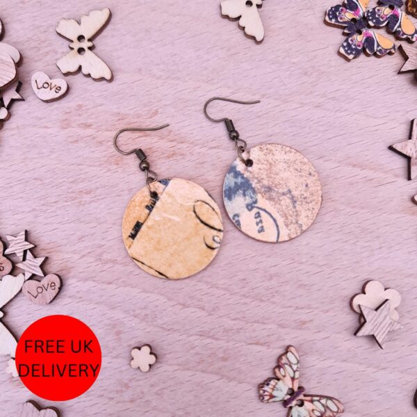 Old Vintage Map Wooden Decoupaged Round Copper Plated Earrings – FREE UK P&P - main product image