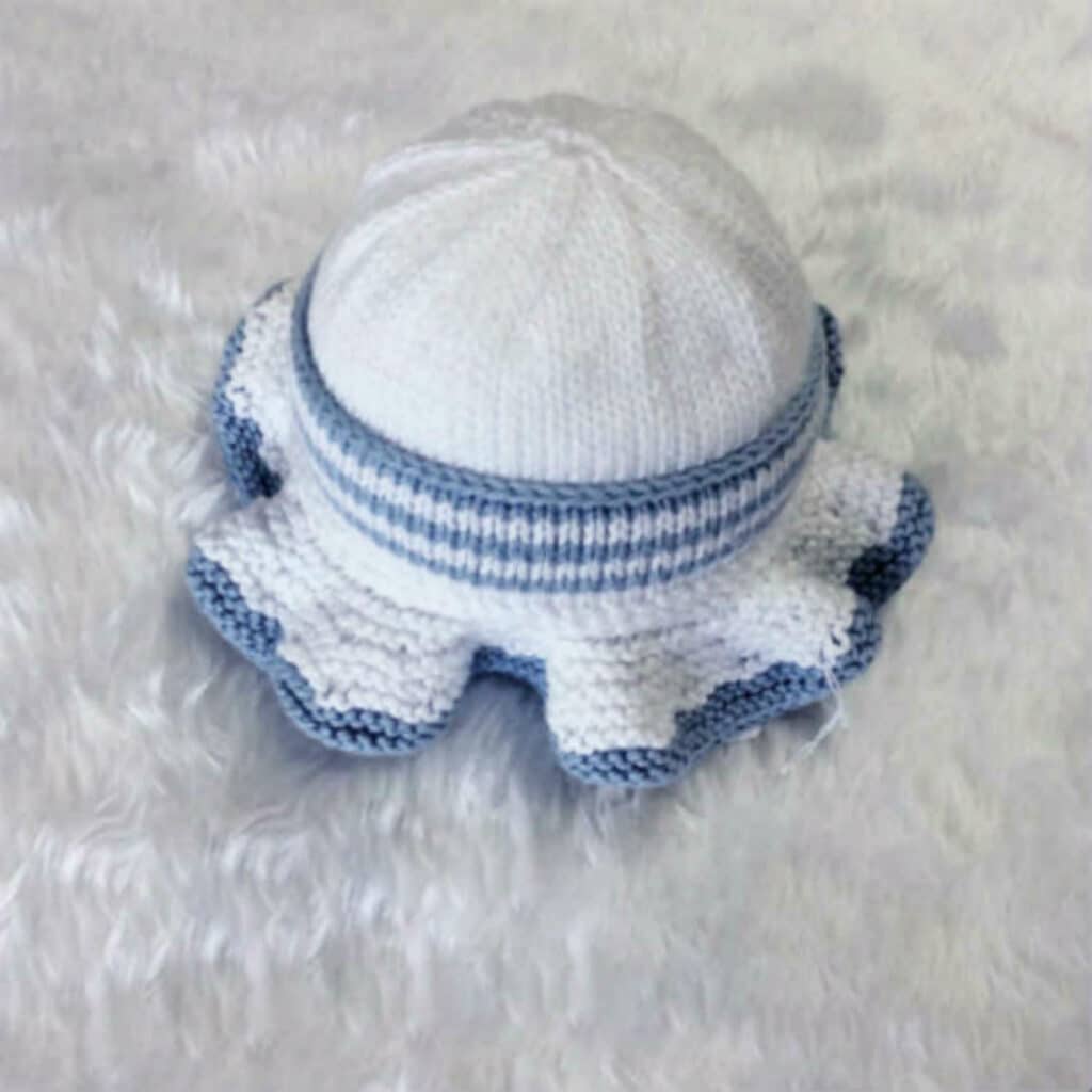 Hand-Knitted Sunhat~100% Cotton~White and Blue~0-3 months