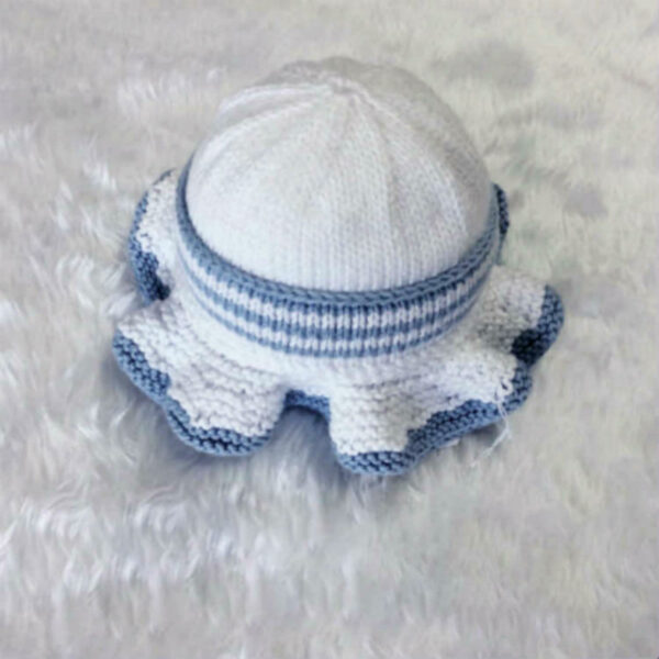 Hand-Knitted Sunhat~100% Cotton~White and Blue~0-3 months - main product image