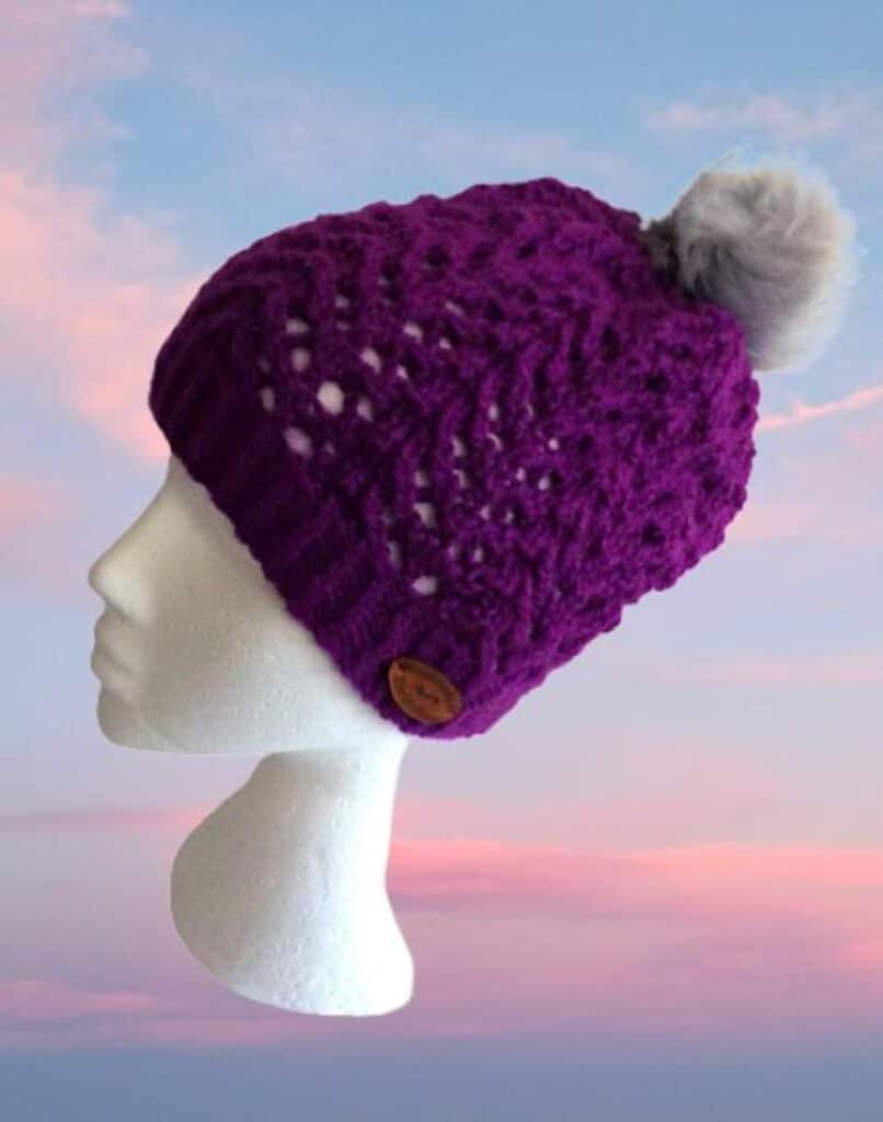 Hand-Knitted Lady’s Hat with Faux Fur Pom Pom~Damson