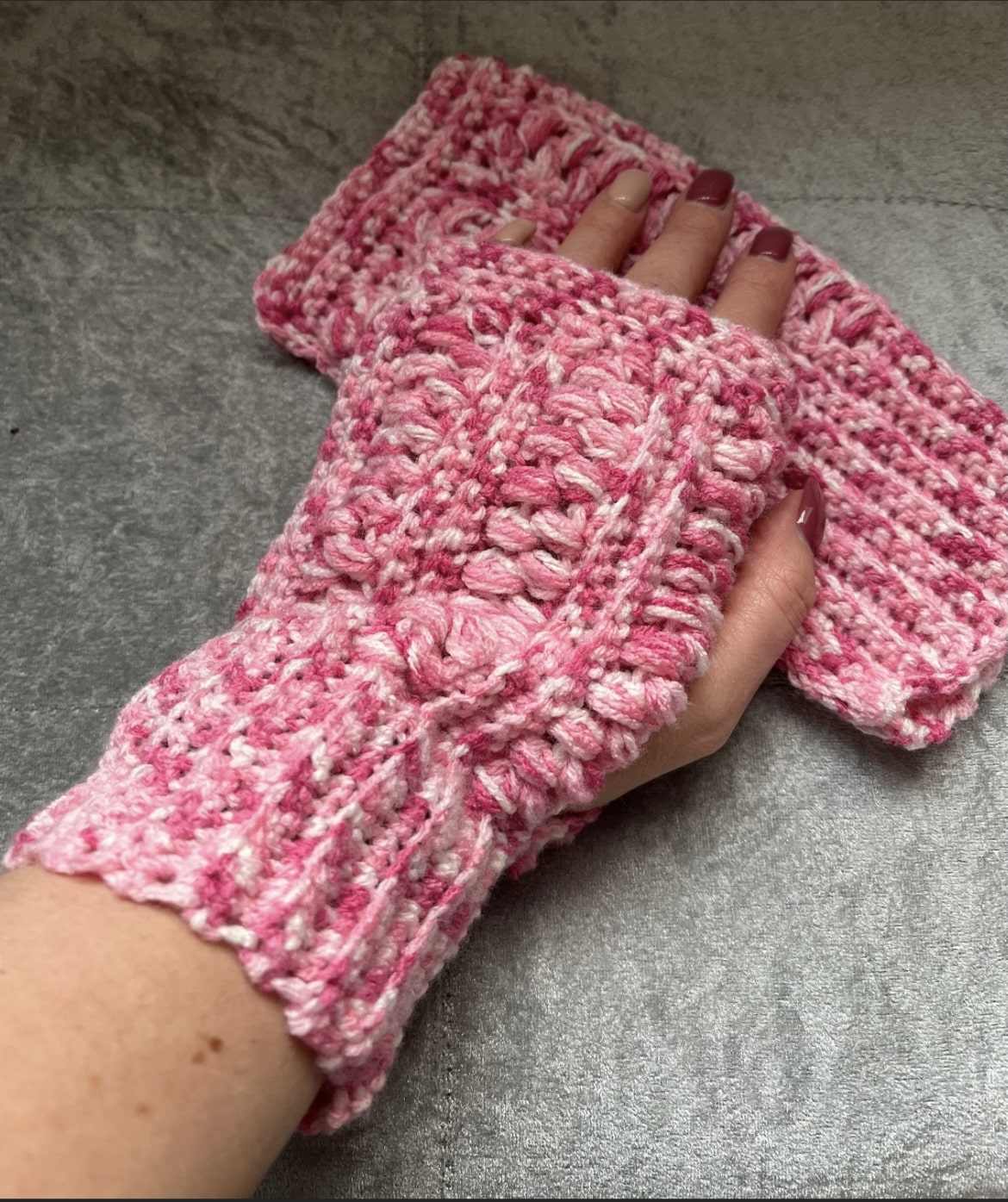 Fingerless Mittens in pink and white - main product image