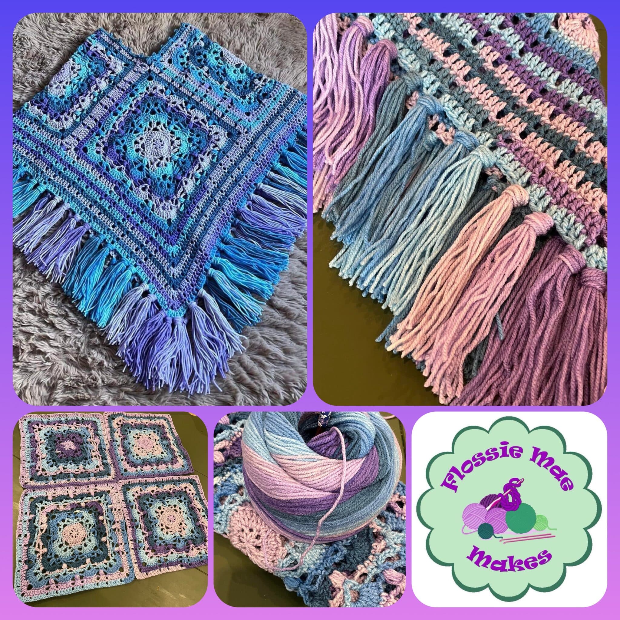 Ladies poncho in blues and purples with fringe detail - main product image