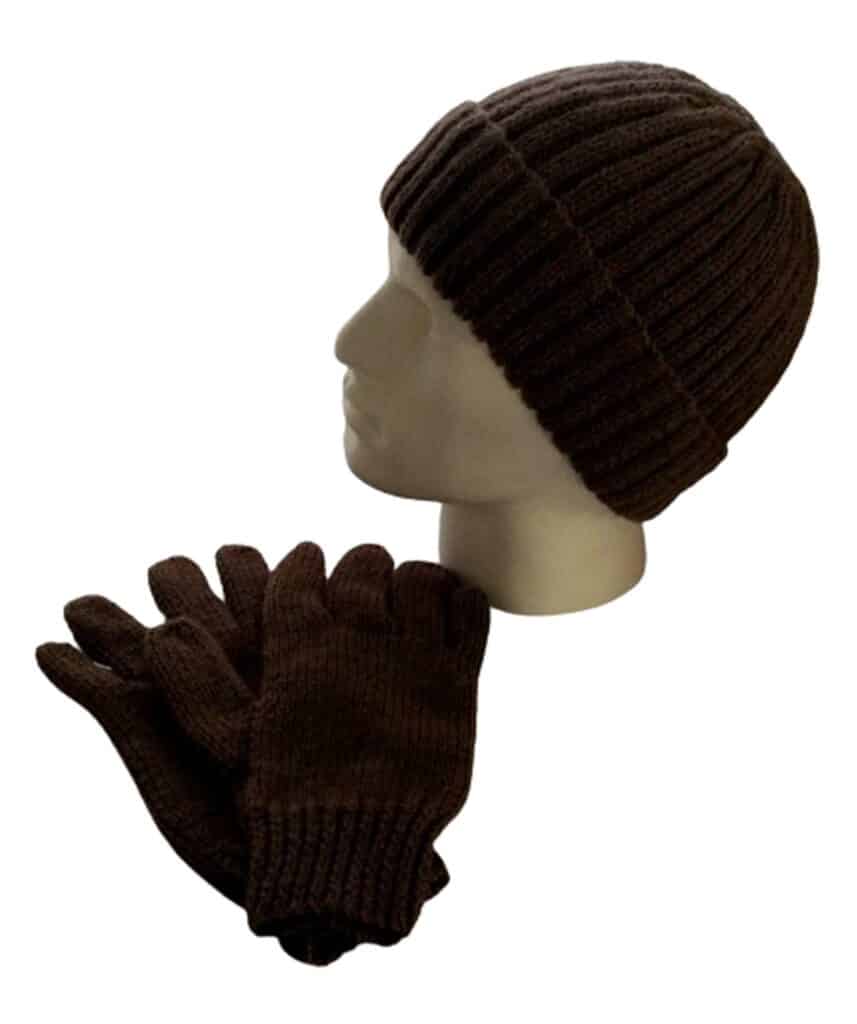 Hand-Knitted Man’s Ribbed Beanie Hat and Gloves~Camel Brown