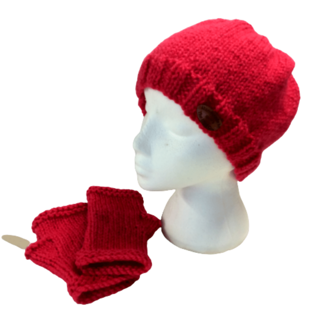 Hand-Knitted Lady’s Beanie and Fingerless Mitts~Rosehip Pink