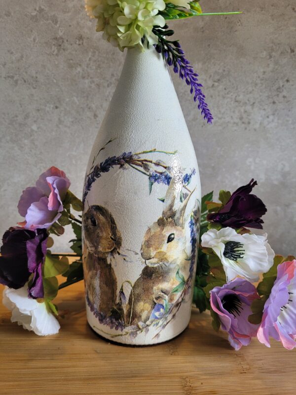 Upcycled Decoupage Bottle – Lavender Rabbits SOLD - main product image