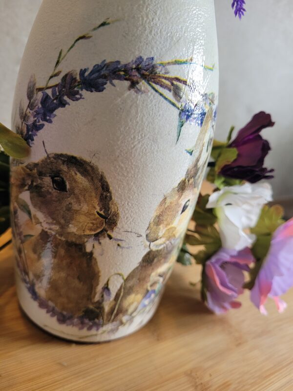 Upcycled Decoupage Bottle – Lavender Rabbits SOLD - product image 2
