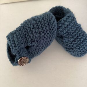 Baby boy blue knitted booties, T bar shoe style premature, newborn to 3 months