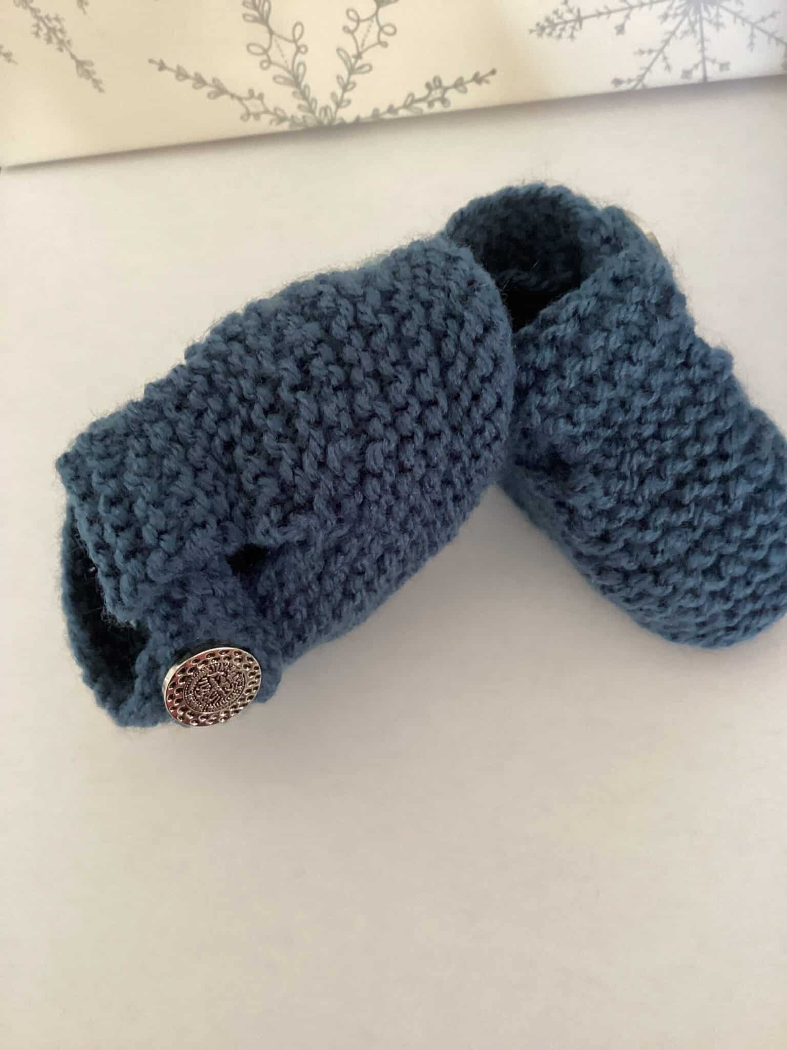 Baby boy blue knitted booties, T bar shoe style premature, newborn to 3 months - main product image
