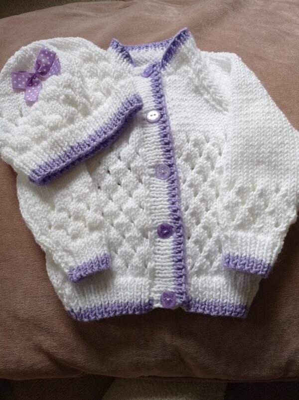 Babies soft white cardigan and hat - main product image