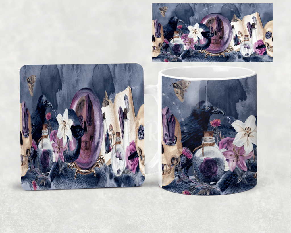 Black Bird and Skull Halloween Mug and Coaster