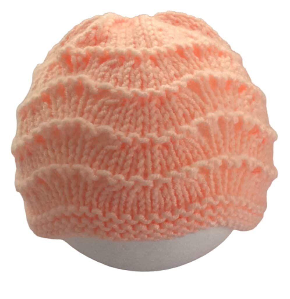 Hand-Knitted Feather and Fan Baby Hat~Peach~0-3 months