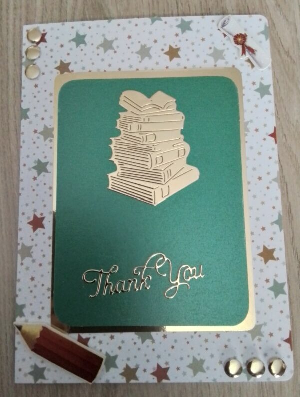 Thank You Card, Pile of Books, Teacher Thank You – Gold & Green - product image 2