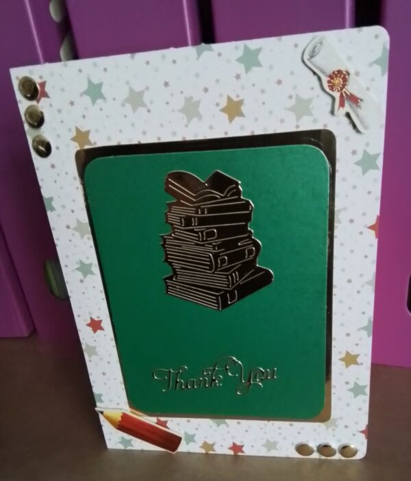 Thank You Card, Pile of Books, Teacher Thank You – Gold & Green - main product image