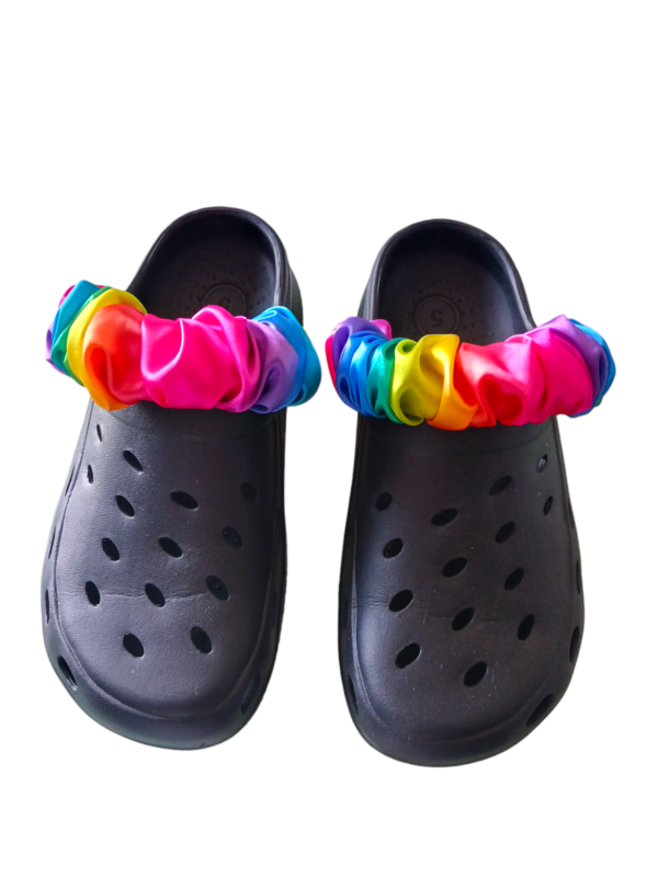 Set of two satin bright rainbow shoe scrunchie strap covers for croc type shoes - main product image