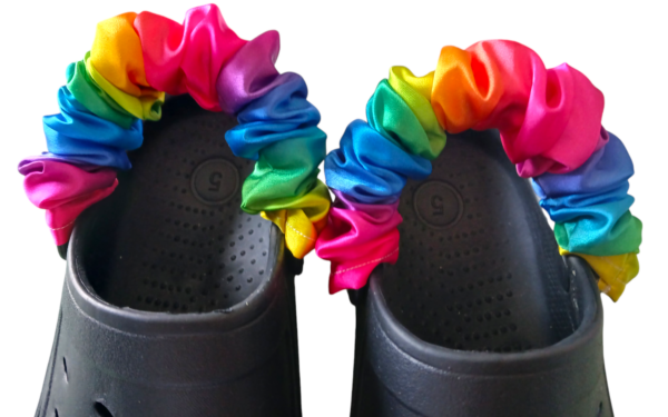 Set of two satin bright rainbow shoe scrunchie strap covers for croc type shoes - product image 4