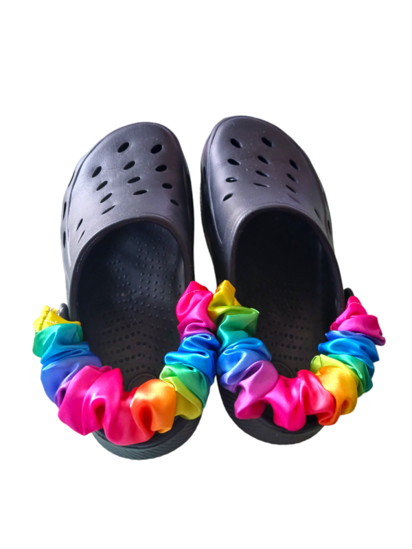 Set of two satin bright rainbow shoe scrunchie strap covers for croc type shoes - product image 2