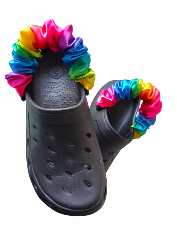 Set of two satin bright rainbow shoe scrunchie strap covers for croc type shoes - product image 5