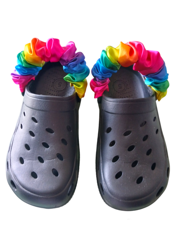 Set of two satin bright rainbow shoe scrunchie strap covers for croc type shoes - product image 3