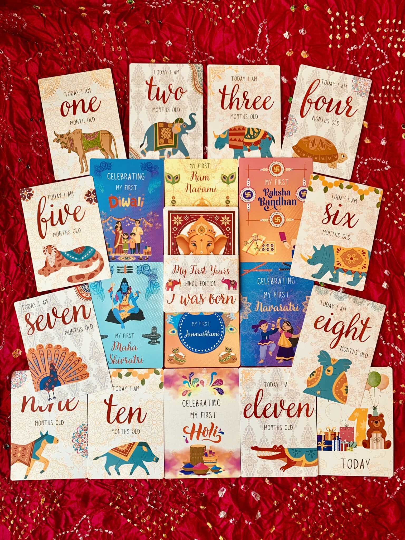 Indian Hindu Baby Milestone Cards featuring festive designs for Holi, Diwali. - main product image