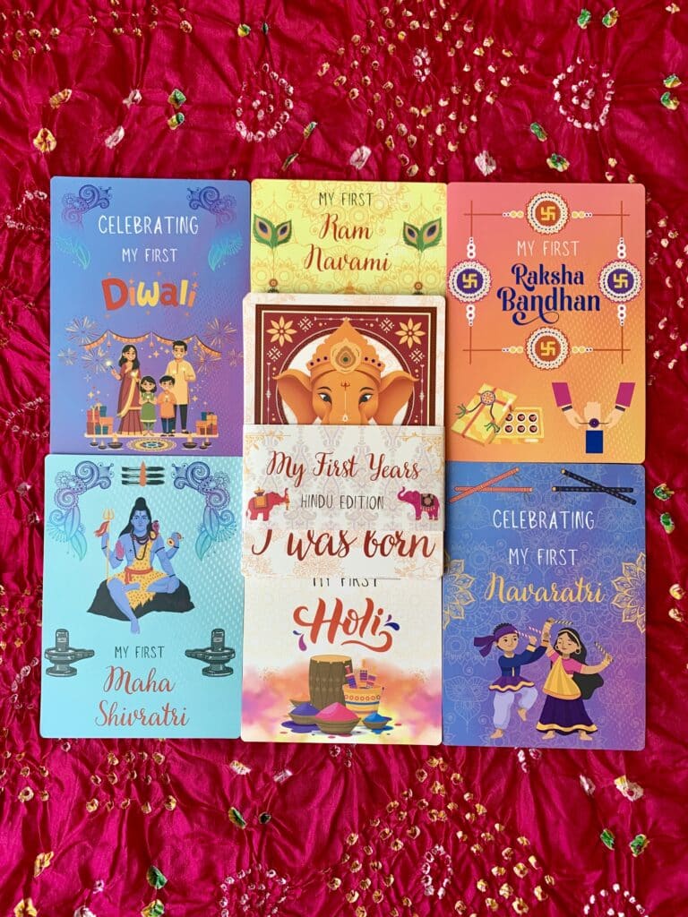 Indian Hindu Baby Milestone Cards featuring festive designs for Holi, Diwali.