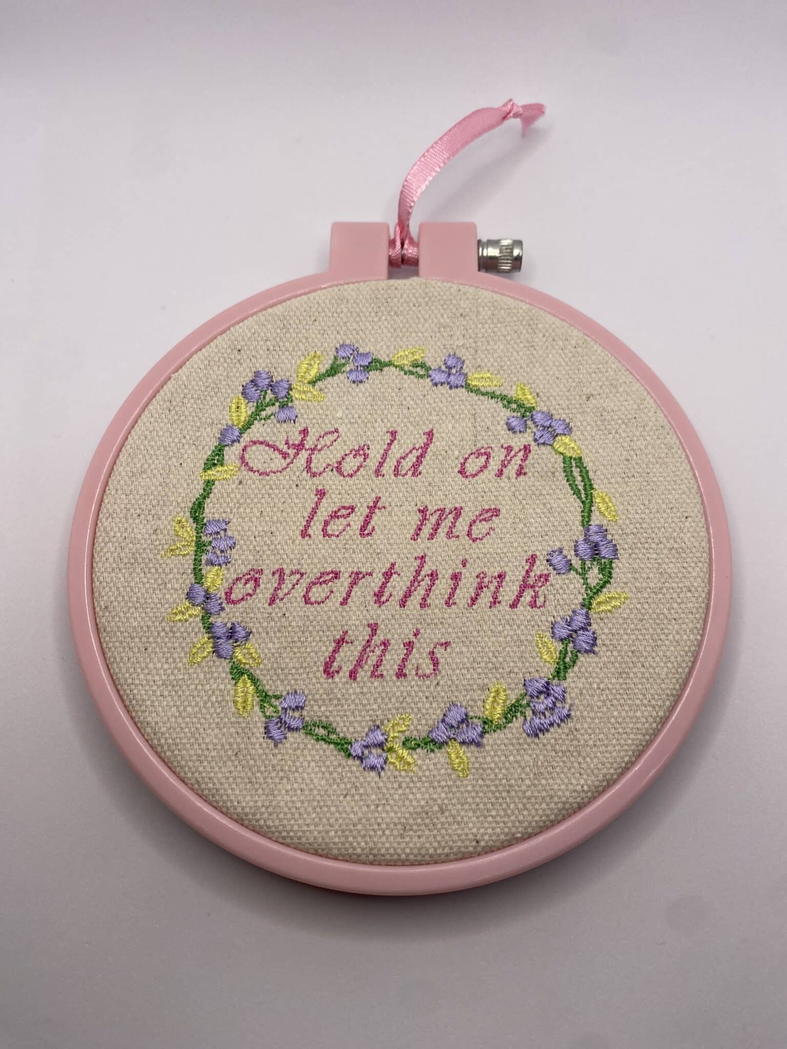 Embroidery hoop decorative wall hanging – Hold on let me overthink this - main product image