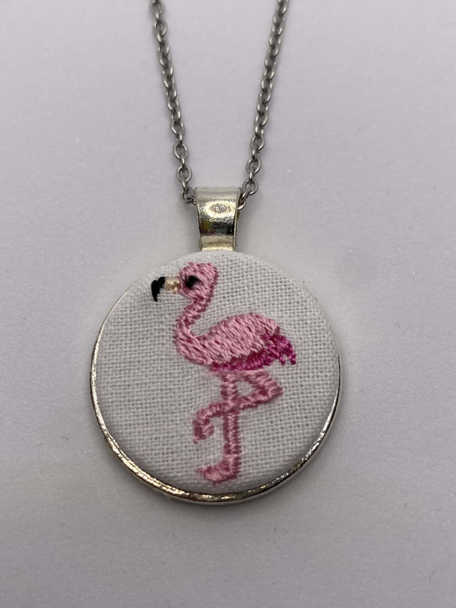 Embroidered pink flamingo pendant on 18 inch chain necklace - main product image