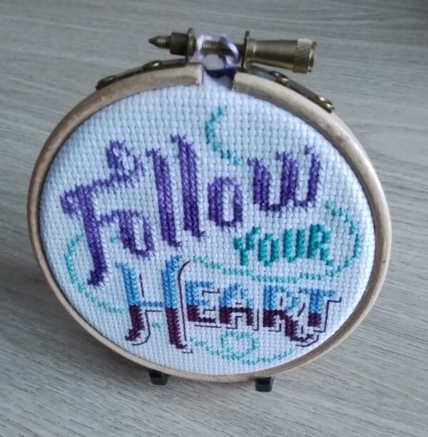 Follow Your Heart, Hanging Hoop, Heart Quote, Positivity Quote, Cross Stitch Heart – Purple - product image 4