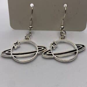 Silver coloured space solar system Saturn drop earrings