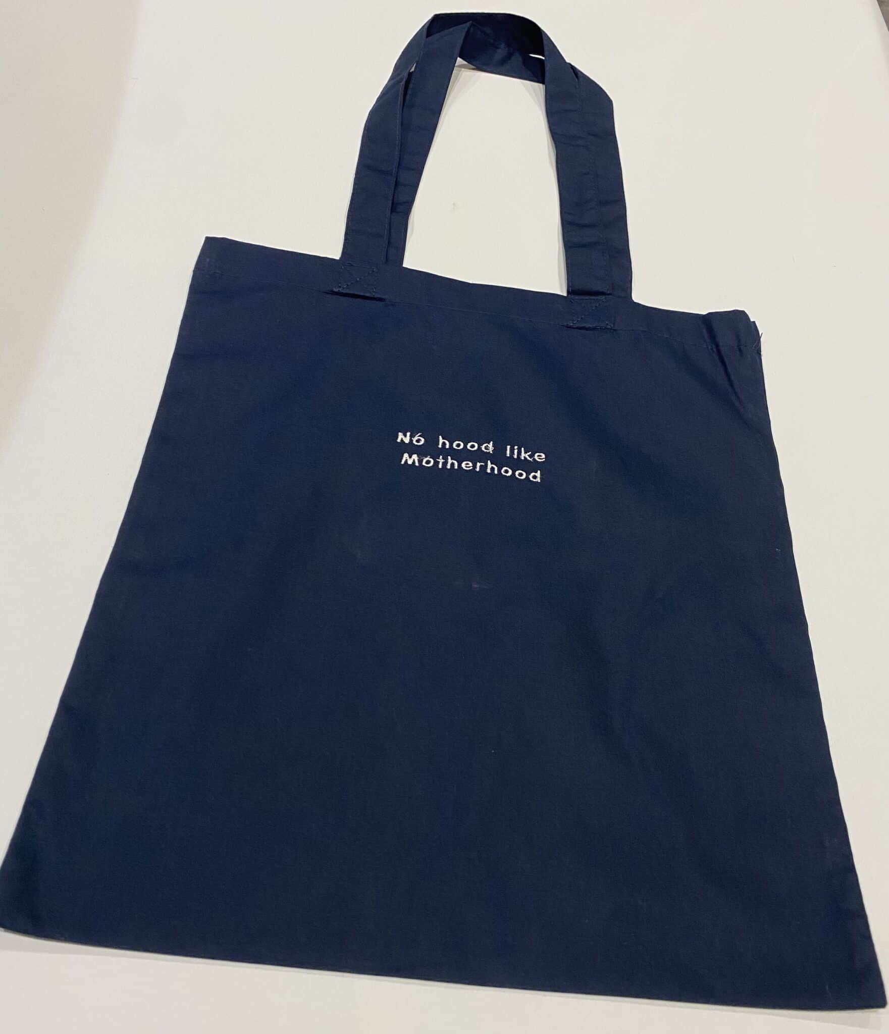 Navy blue cotton tote bag with embroidered No hood like motherhood - main product image