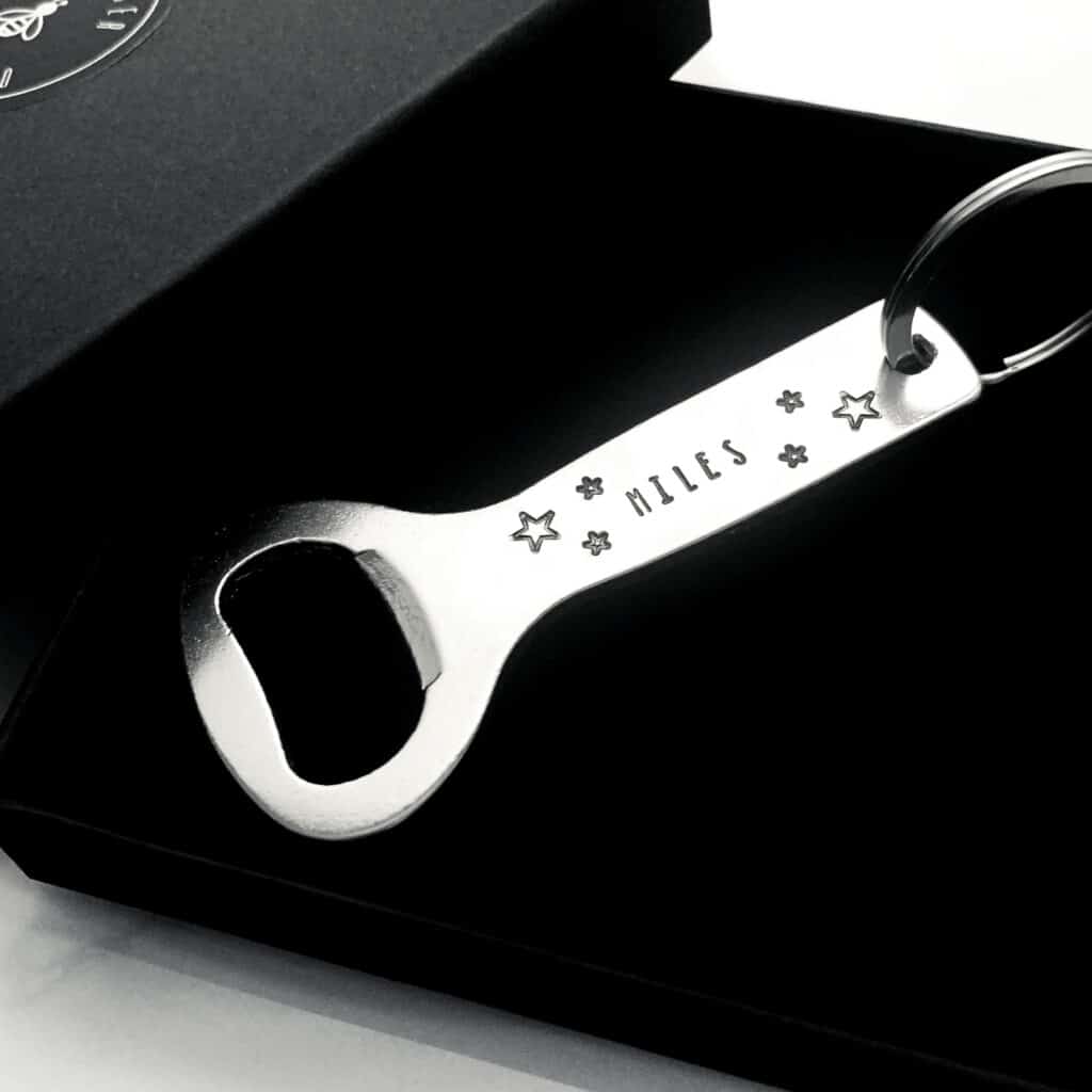 Personalised bottle opener keyring, custom hand stamped gift. 18th birthday / beer gift.