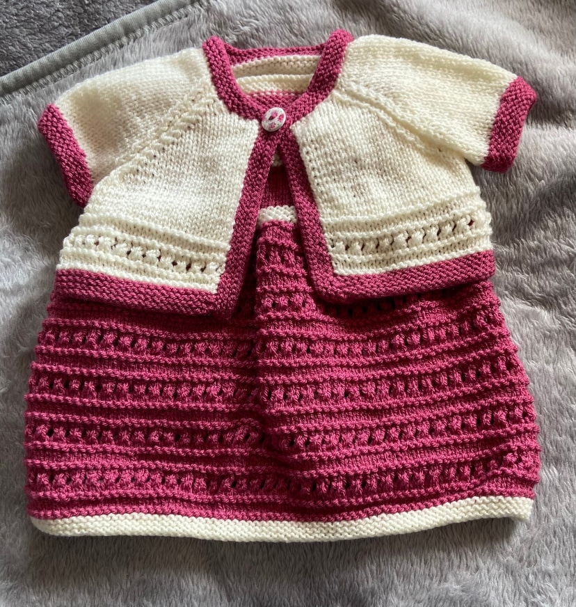 Hand knitted baby pinafore dress and matching short sleeved cardigan (0-3 months) - main product image