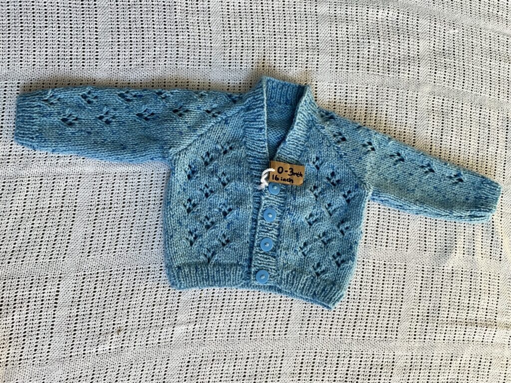 Handknitted 0-3mth (16 inch chest) Blue lace flec Cardigan