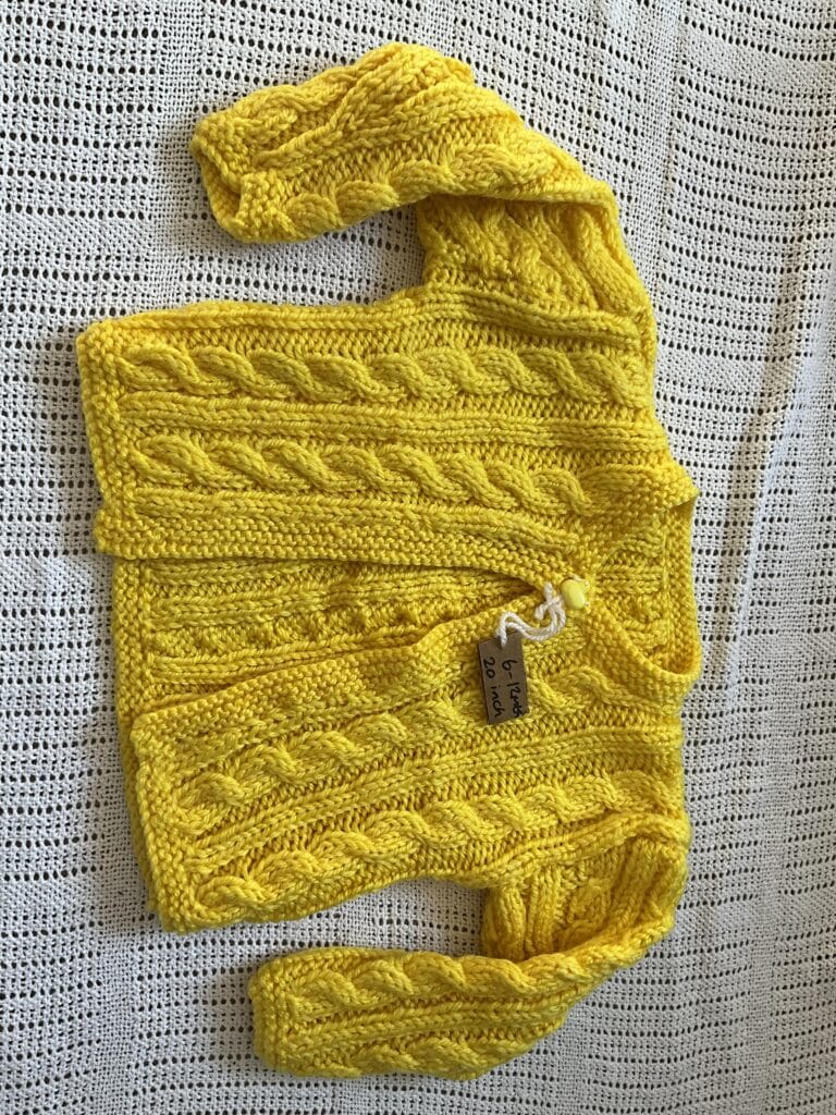 Handknitted 6-12mth (20 inch chest) Yellow Cable Cardigan
