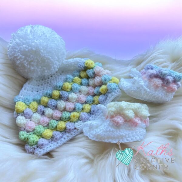 Crocheted Baby Bobble Jacket Hat and Booties - product image 2