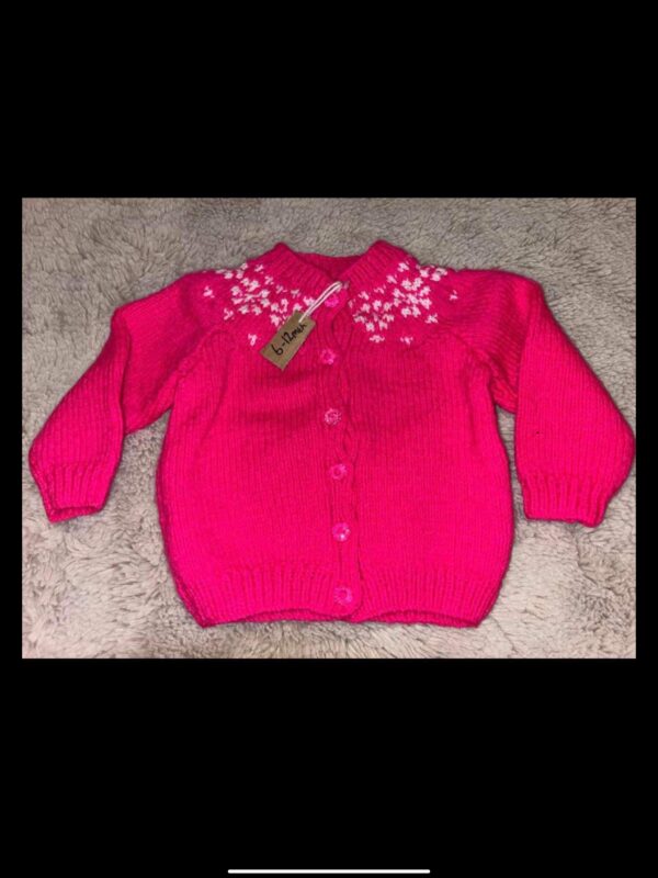 Handknitted 6-12mth (20 inch chest) Flower Power pink cardigan - main product image