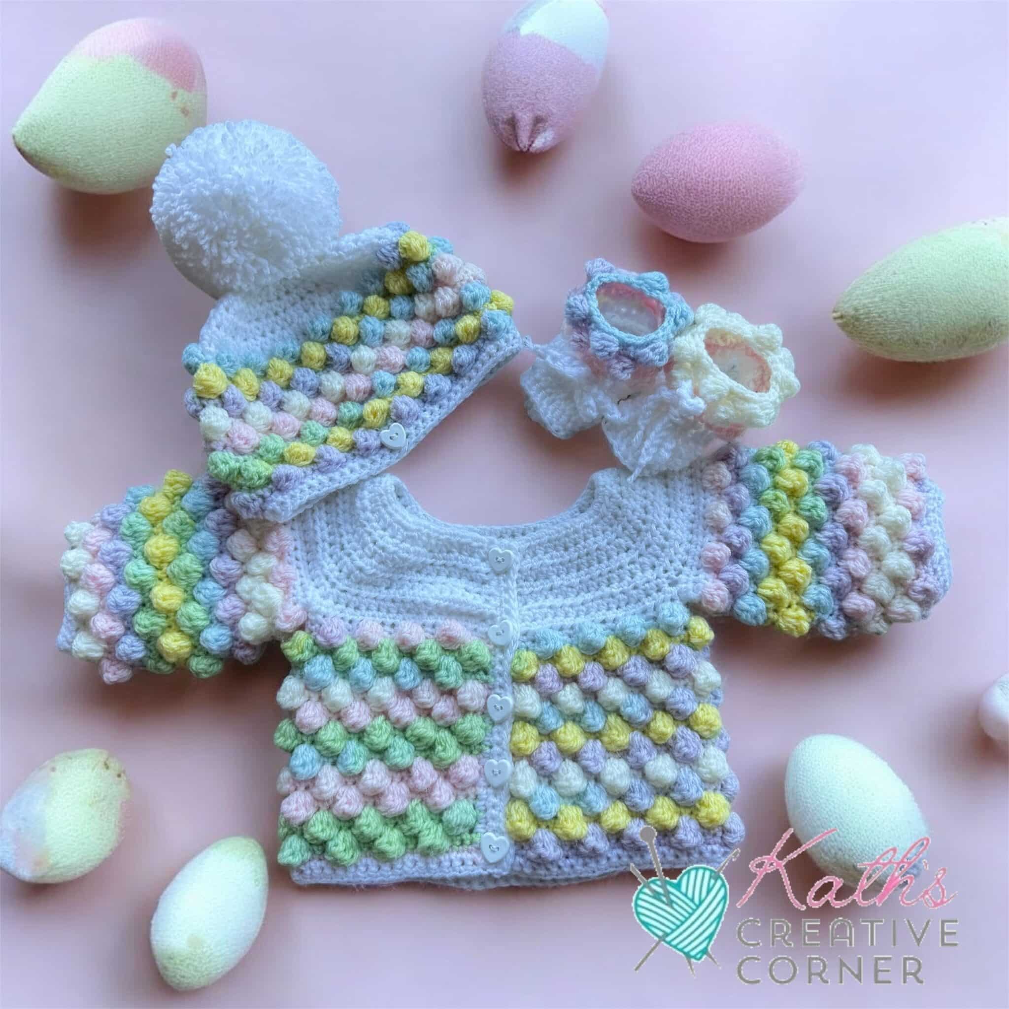 Crocheted Baby Bobble Jacket Hat and Booties - main product image