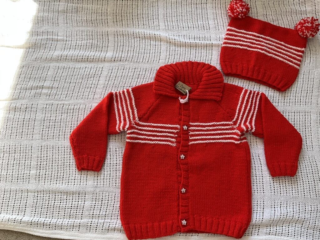 Handknitted Jacket and hat set (6-12mth- Pink and white/1-2yrs- Red and white)