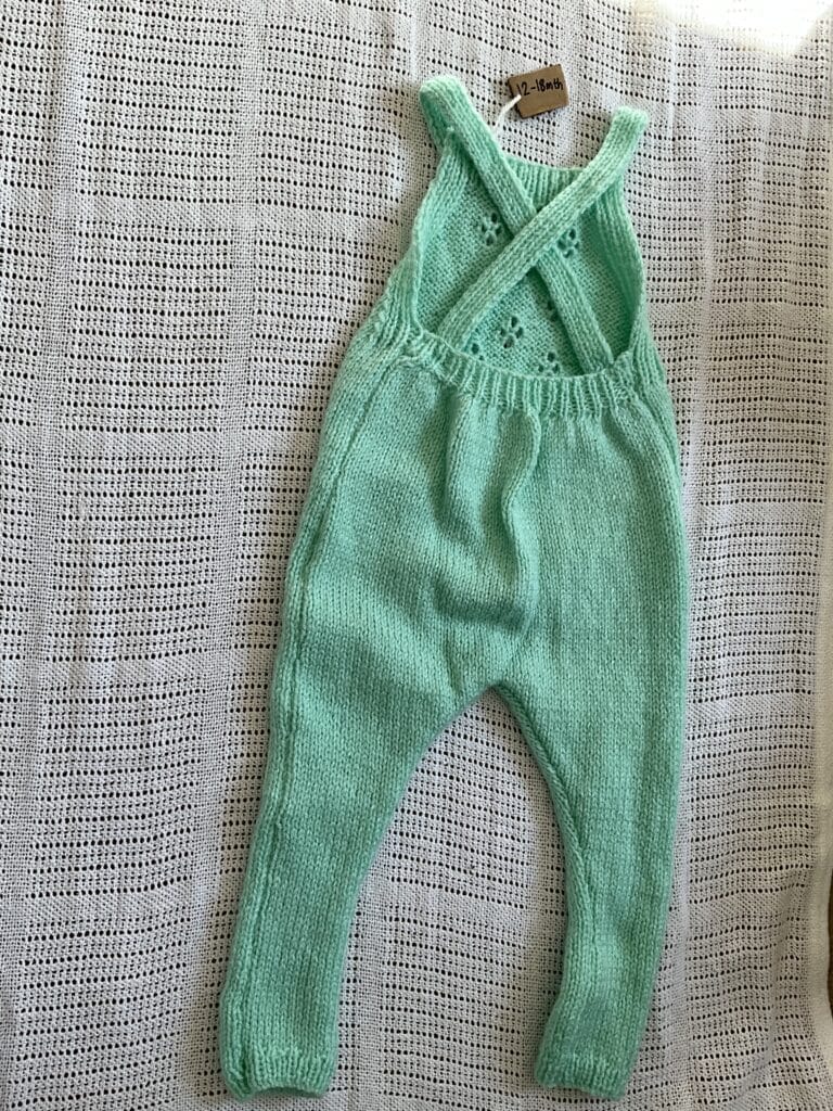 Handknitted Lace Dungarees (3-6mth 18 inch chest)- Pink lace/12-18mth 21 inch chest- Mint lace)