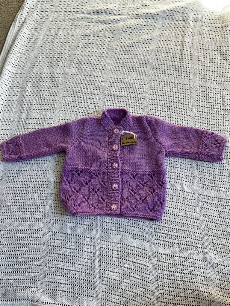 Handknitted 0-3mth (16 inch chest) Purple Lace cardigan