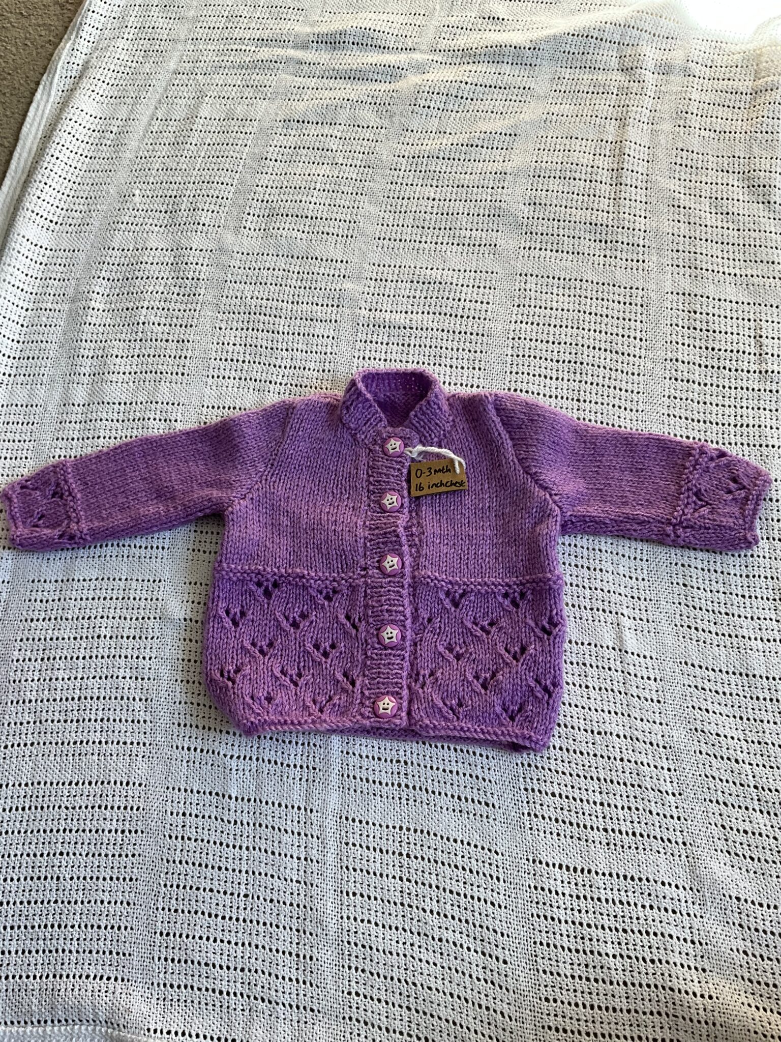Handknitted 0-3mth (16 inch chest) Purple Lace cardigan - main product image
