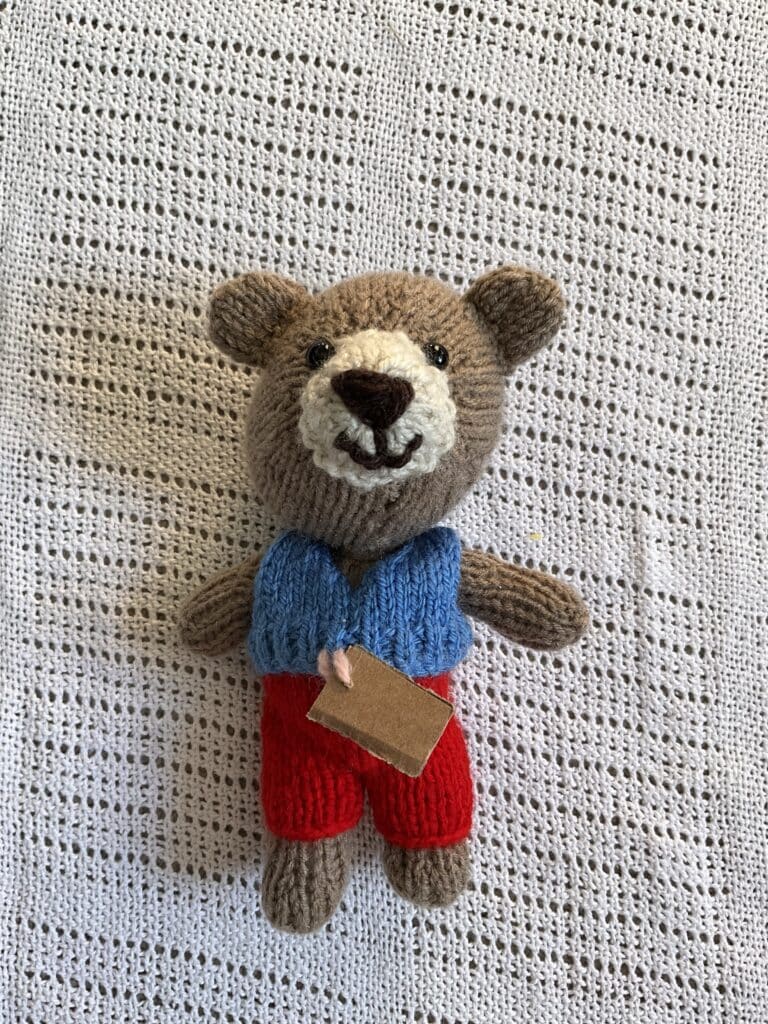 Handknitted bear with red pants and blue top set