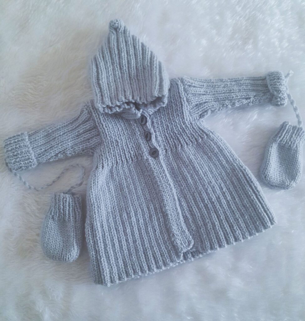 Hand-Knitted Swing Coat and Mitts~Grey~0-3 months