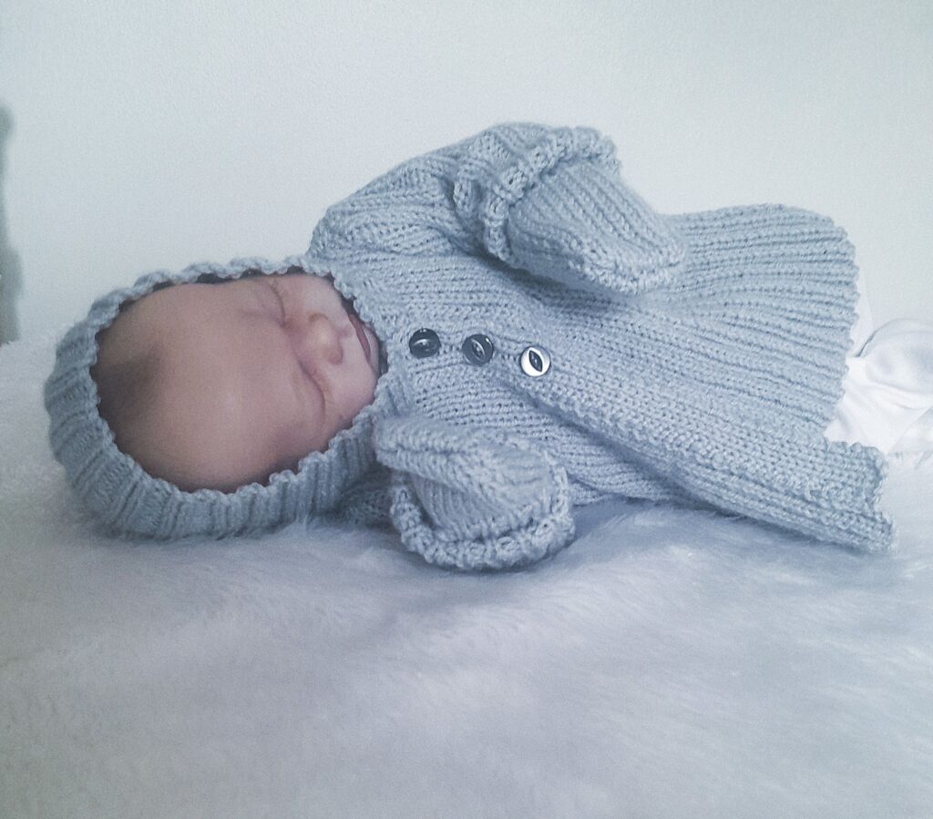 Hand-Knitted Swing Coat and Mitts~Grey~0-3 months