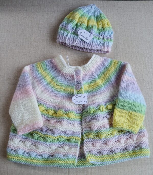 Hand- knitted baby cardigan and hat. Pastel shades. Approx 0 to 3 mths. - main product image