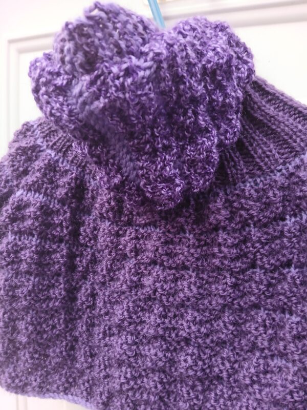 Hand-knitted baby hooded jumper in purple. Approx 0 to 3 mths. - product image 5