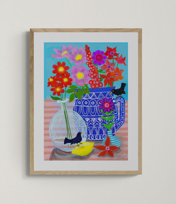 Still Life Art Print Black birds and flowers - main product image