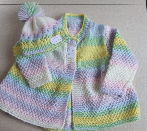 Hand-knitted baby cardigan/coat and pompom hat. Approx 3 to 6 months. - product image 4