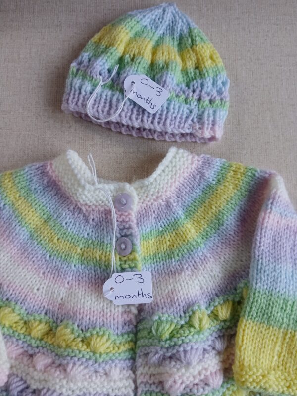 Hand- knitted baby cardigan and hat. Pastel shades. Approx 0 to 3 mths. - product image 2