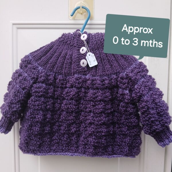 Hand-knitted baby hooded jumper in purple. Approx 0 to 3 mths. - product image 2